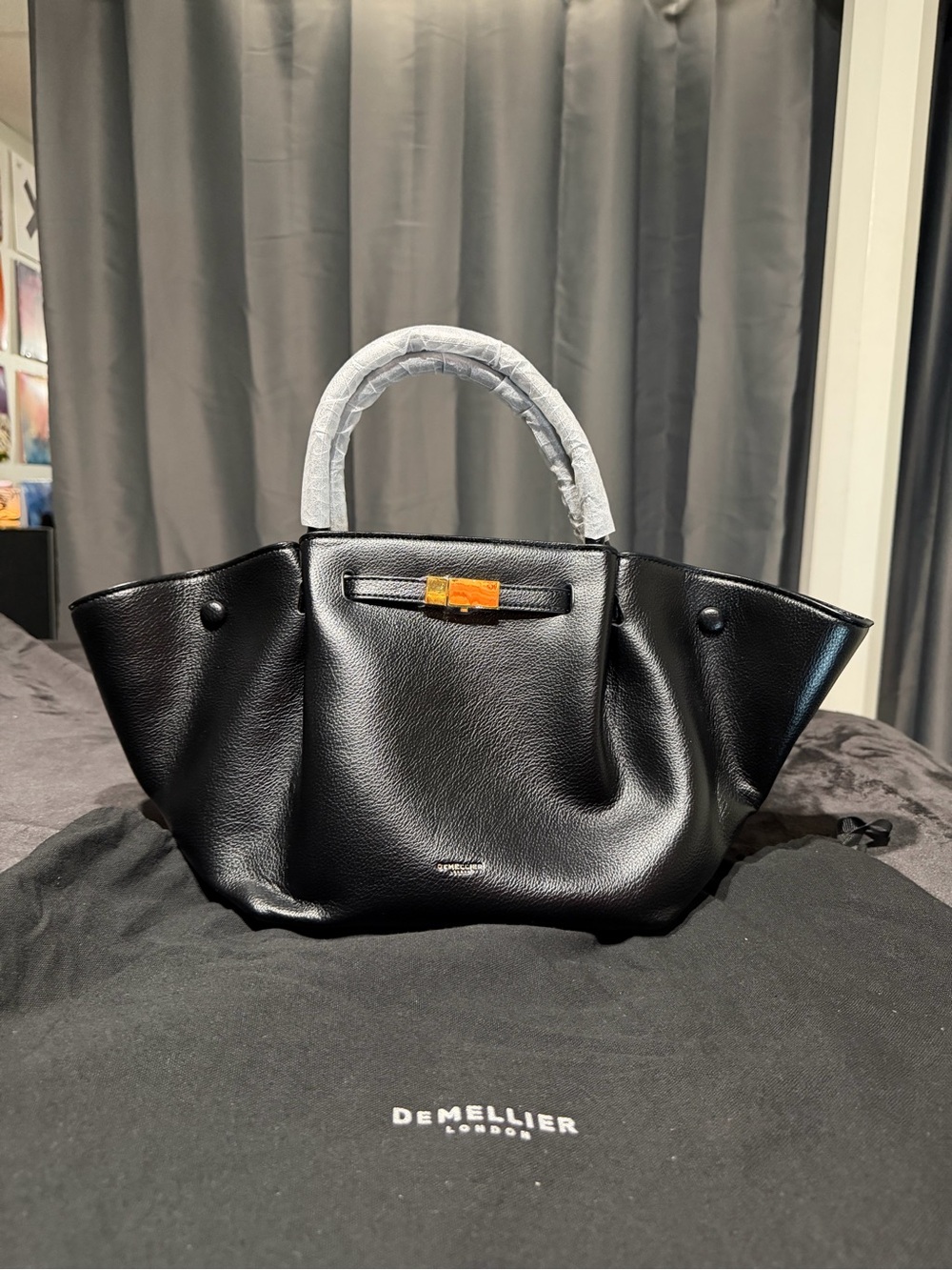 DeMellier Black Leather Structured Tote with Gold Accent